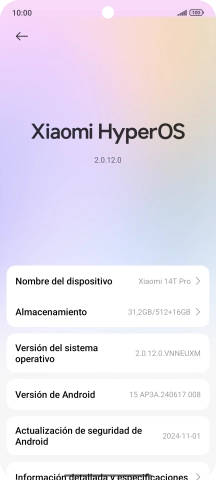 Pulsa Xiaomi HyperOS. Si hay una versión de software nueva disponible, aparecerá ahora en la pantalla. Sigue las indicaciones de la pantalla para actualizar el software del teléfono. Pulsa Xiaomi HyperOS. Si hay una versión de software nueva disponible, aparecerá ahora en la pantalla. Sigue las indicaciones de la pantalla para actualizar el software del teléfono.