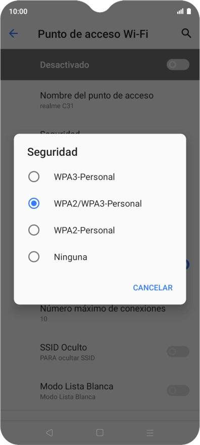 Pulsa WPA3-Personal para proteger la conexión wifi con una contraseña.