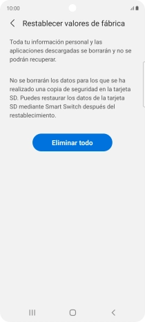 Pulsa Eliminar todo. Espera unos instantes mientras el teléfono restablece la configuración predeterminada. Sigue las indicaciones de la pantalla para configurar el teléfono y dejarlo listo para su uso. Pulsa Eliminar todo. Espera unos instantes mientras el teléfono restablece la configuración predeterminada. Sigue las indicaciones de la pantalla para configurar el teléfono y dejarlo listo para su uso.