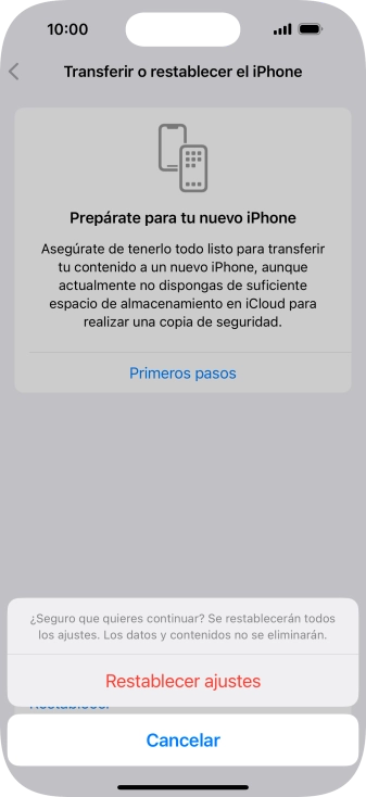 Pulsa Restablecer ajustes. Espera unos instantes mientras el teléfono restablece la configuración predeterminada. Sigue las indicaciones de la pantalla para configurar el teléfono y dejarlo listo para su uso.
