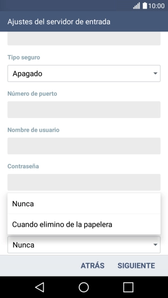Pulsa Nunca para conservar los correos electrónicos en el servidor cuando los borras del teléfono.