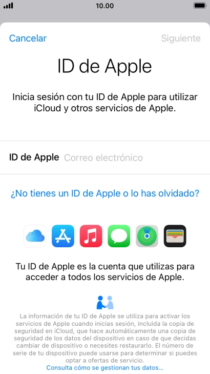 Si no tienes un ID de Apple, pulsa ¿No tienes un ID de Apple o lo has olvidado? y sigue las indicaciones de la pantalla para ver cómo crear un ID de Apple.
