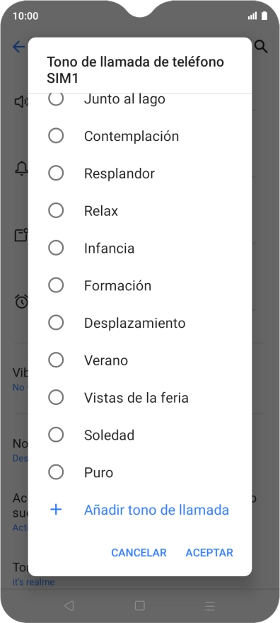 Si deseas seleccionar un timbre de llamada que no sea un timbre de llamada predeterminado, pulsa Añadir tono de llamada y sigue las indicaciones de la pantalla para seleccionar la melodía deseada.