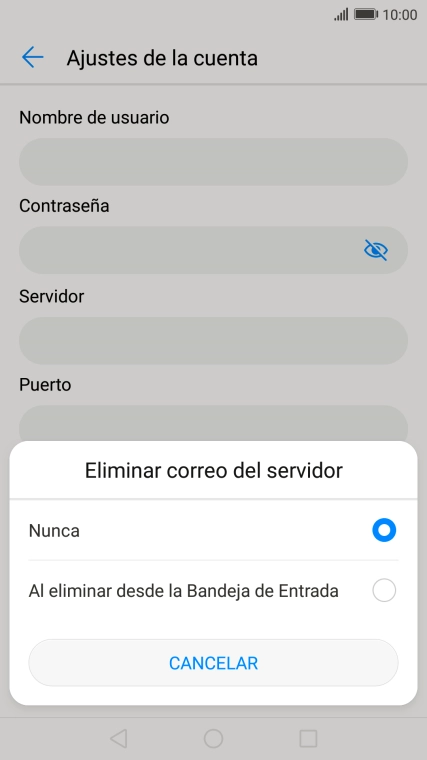 Pulsa Nunca para conservar los correos electrónicos en el servidor cuando los borras del teléfono.
