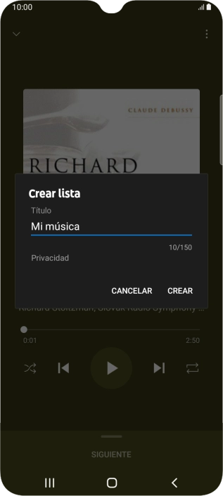 Introduce el nombre deseado de la lista de reproducción y pulsa CREAR.