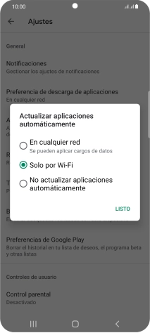 Para activar la actualización automática de apps utilizando la red móvil, pulsa En cualquier red.