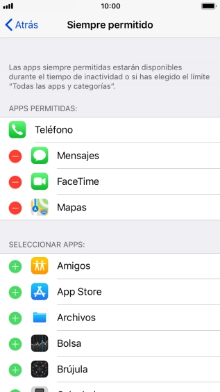 Pulsa el icono de añadir junto a la app deseada para añadirla a la lista de apps permitidas bajo el tiempo de inactividad de pantalla.