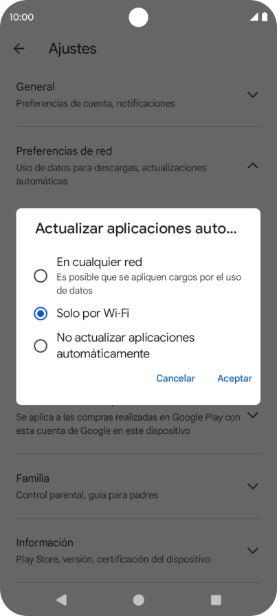 Para activar la actualización automática de apps utilizando la red móvil, pulsa En cualquier red.