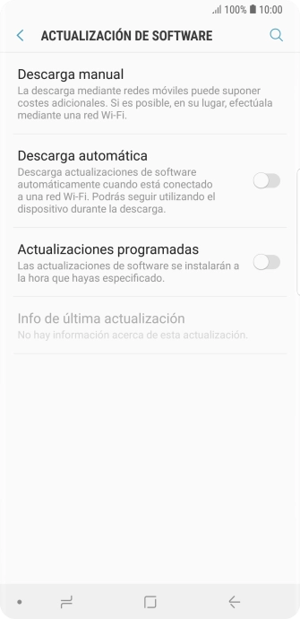 Pulsa Descarga manual. Si hay una versión de software nueva disponible, aparecerá ahora en la pantalla. Sigue las indicaciones de la pantalla para actualizar el software del teléfono.