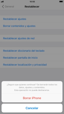 Pulsa Borrar iPhone. Espera unos instantes mientras el teléfono restablece la configuración predeterminada. Sigue las indicaciones de la pantalla para configurar el teléfono y dejarlo listo para su uso.