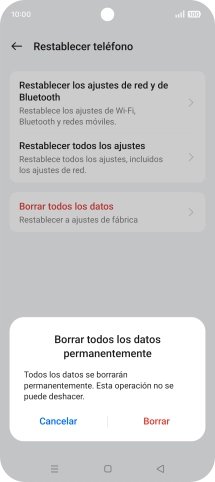 Pulsa Borrar. Espera unos instantes mientras el teléfono restablece la configuración predeterminada. Sigue las indicaciones de la pantalla para configurar el teléfono y dejarlo listo para su uso. Pulsa Borrar. Espera unos instantes mientras el teléfono restablece la configuración predeterminada. Sigue las indicaciones de la pantalla para configurar el teléfono y dejarlo listo para su uso.