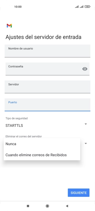 Pulsa Nunca para conservar los correos electrónicos en el servidor cuando los borras del teléfono.