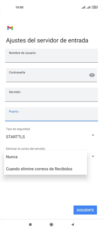 Pulsa Nunca para conservar los correos electrónicos en el servidor cuando los borras del teléfono.