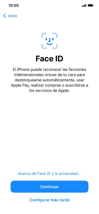 Sigue las indicaciones de la pantalla para activar el uso del reconocimiento facial (Face ID) o pulsa Configurar más tarde.