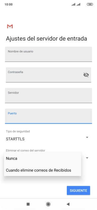 Pulsa Nunca para conservar los correos electrónicos en el servidor cuando los borras del teléfono. Pulsa Nunca para conservar los correos electrónicos en el servidor cuando los borras del teléfono.
