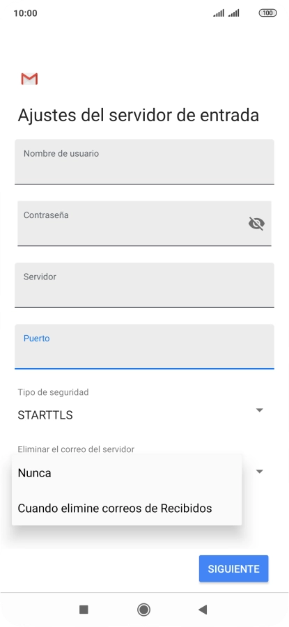 Pulsa Nunca para conservar los correos electrónicos en el servidor cuando los borras del teléfono. Pulsa Nunca para conservar los correos electrónicos en el servidor cuando los borras del teléfono.