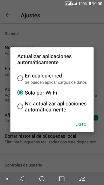 Para activar la actualización automática de apps utilizando la red móvil, pulsa En cualquier red. Se pueden aplicar cargos de datos.