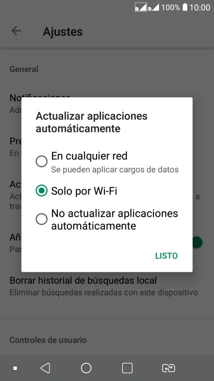 Para activar la actualización automática de apps utilizando la red móvil, pulsa En cualquier red. Se pueden aplicar cargos de datos.