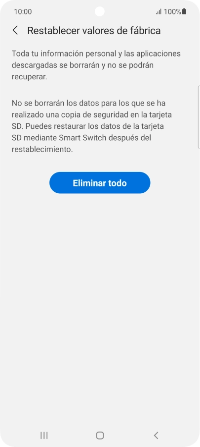 Pulsa Eliminar todo. Espera unos instantes mientras el teléfono restablece la configuración predeterminada. Sigue las indicaciones de la pantalla para configurar el teléfono y dejarlo listo para su uso.