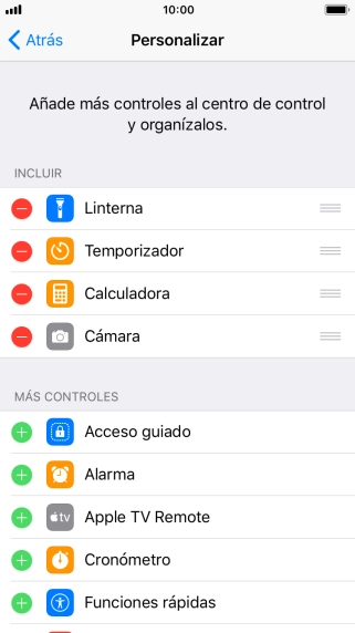 Pulsa el icono de eliminar junto a la función deseada para eliminarla del Centro de control. Pulsa el icono de eliminar junto a la función deseada para eliminarla del Centro de control.