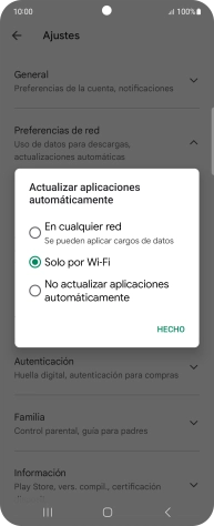 Para activar la actualización automática de apps utilizando la red móvil, pulsa En cualquier red.