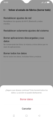 Pulsa Borrar datos. Espera unos instantes mientras el teléfono restablece la configuración predeterminada. Sigue las indicaciones de la pantalla para configurar el teléfono y dejarlo listo para su uso.
