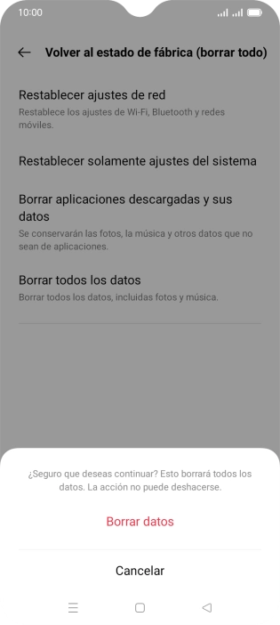 Pulsa Borrar datos. Espera unos instantes mientras el teléfono restablece la configuración predeterminada. Sigue las indicaciones de la pantalla para configurar el teléfono y dejarlo listo para su uso.