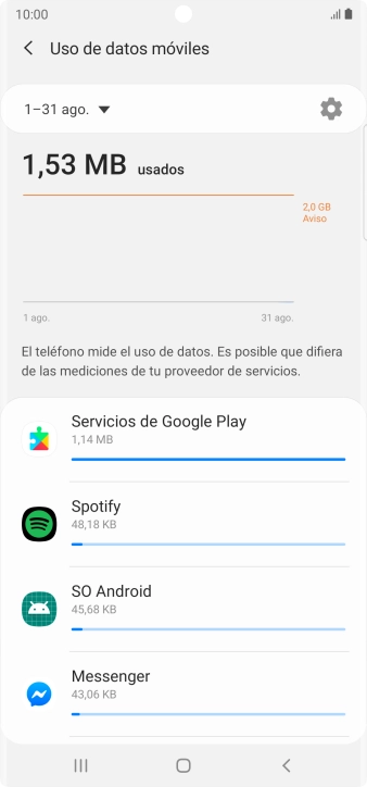 El consumo de datos por cada aplicación aparece bajo el nombre de la aplicación.
