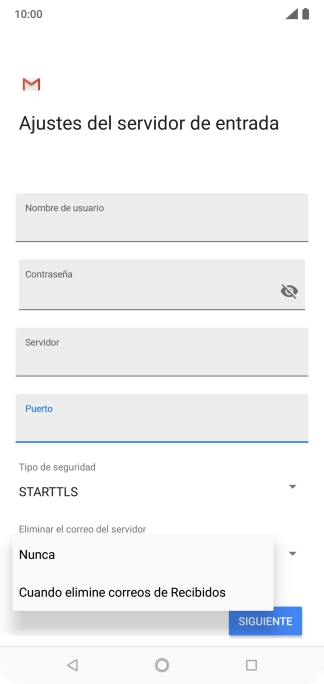 Pulsa Nunca para conservar los correos electrónicos en el servidor cuando los borras del teléfono.