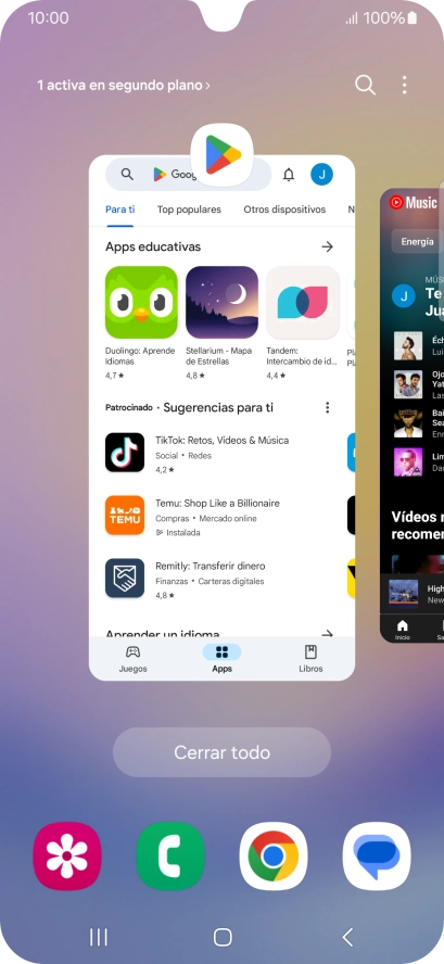 Para cerrar una sola aplicación en ejecución, desliza el dedo hacia arriba sobre la aplicación deseada.