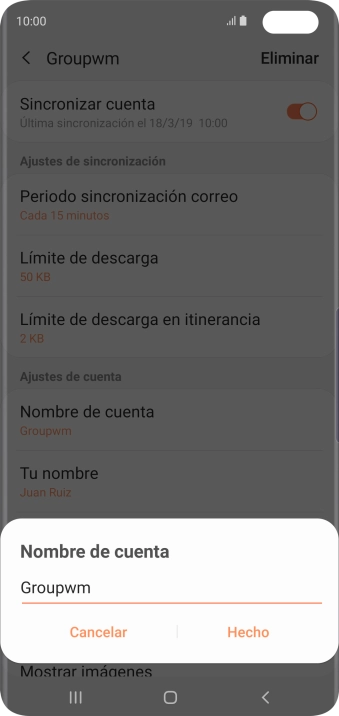 Introduce el nombre deseado de la cuenta de correo electrónico y pulsa Hecho.