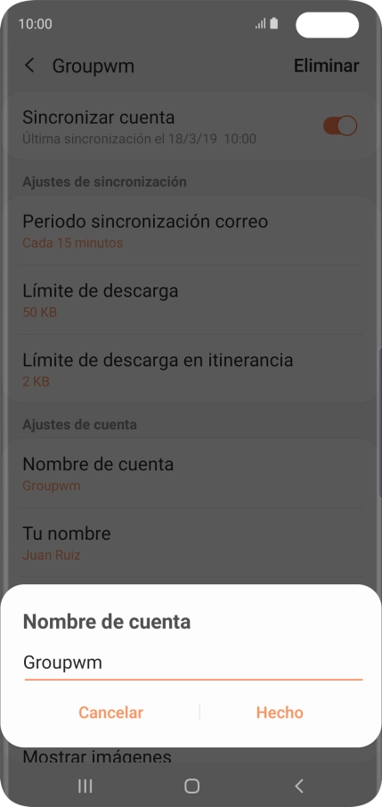 Introduce el nombre deseado de la cuenta de correo electrónico y pulsa Hecho.