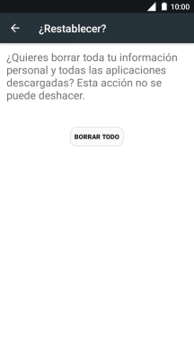 Pulsa BORRAR TODO. Espera unos instantes mientras el teléfono restablece la configuración predeterminada. Sigue las indicaciones de la pantalla para configurar el teléfono y dejarlo listo para su uso.