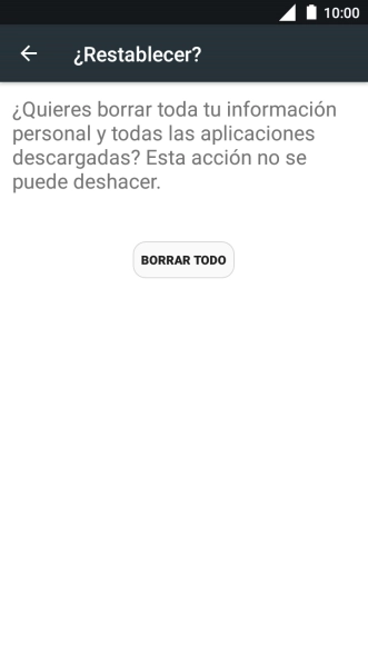 Pulsa BORRAR TODO. Espera unos instantes mientras el teléfono restablece la configuración predeterminada. Sigue las indicaciones de la pantalla para configurar el teléfono y dejarlo listo para su uso.