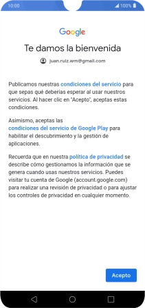 Pulsa Acepto y sigue las indicaciones de la pantalla para seleccionar los ajustes de tu cuenta de Google.