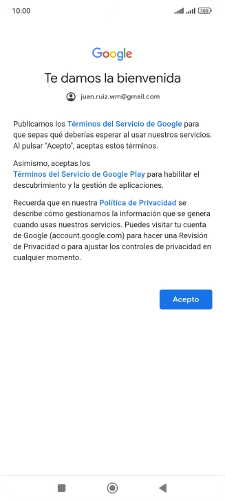 Pulsa Acepto y sigue las indicaciones de la pantalla para seleccionar los ajustes de tu cuenta de Google.