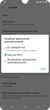 Para activar la actualización automática de apps utilizando la red móvil, pulsa En cualquier red.