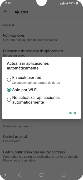 Para activar la actualización automática de apps utilizando la red móvil, pulsa En cualquier red.