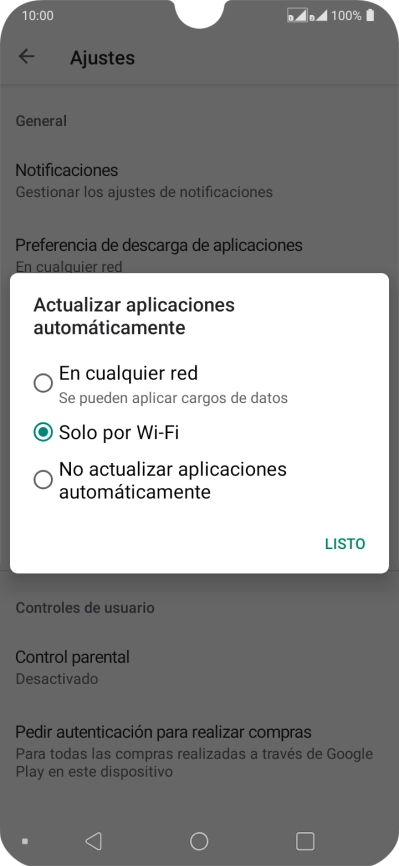 Para activar la actualización automática de apps utilizando la red móvil, pulsa En cualquier red.