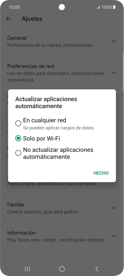 Para activar la actualización automática de apps utilizando la red móvil, pulsa En cualquier red.