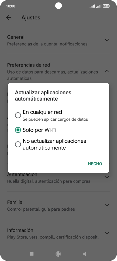 Para activar la actualización automática de apps utilizando la red móvil, pulsa En cualquier red.