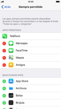 Pulsa el icono de eliminar junto a la app deseada para borrarla de la lista de apps permitidas bajo el tiempo de inactividad de pantalla.