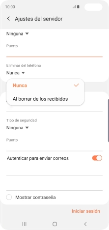 Pulsa Nunca para conservar los correos electrónicos en el servidor cuando los borras del teléfono.