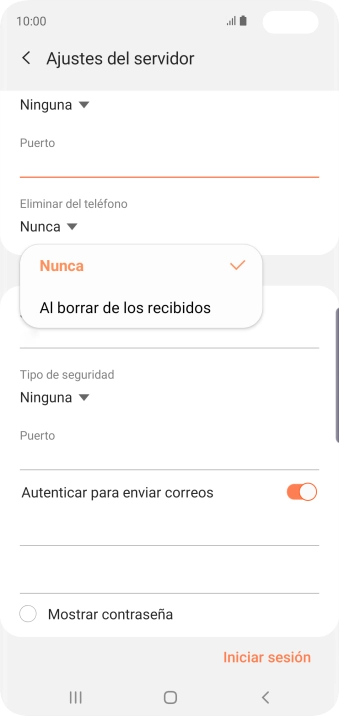 Pulsa Nunca para conservar los correos electrónicos en el servidor cuando los borras del teléfono.