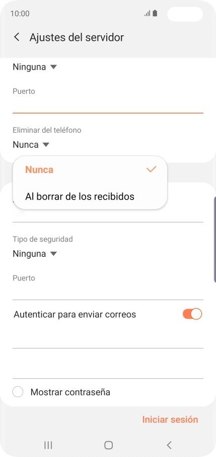 Pulsa Nunca para conservar los correos electrónicos en el servidor cuando los borras del teléfono.