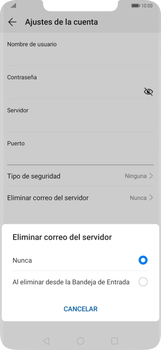 Pulsa Nunca para conservar los correos electrónicos en el servidor cuando los borras del teléfono.