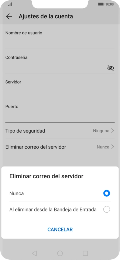 Pulsa Nunca para conservar los correos electrónicos en el servidor cuando los borras del teléfono.