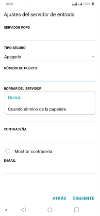 Pulsa Nunca para conservar los correos electrónicos en el servidor cuando los borras del teléfono.