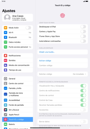 Pulsa Activar código e introduce un código de seguridad de libre elección dos veces seguidas.