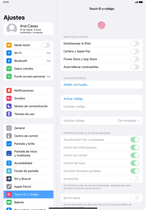Pulsa Activar código e introduce un código de seguridad de libre elección dos veces seguidas.